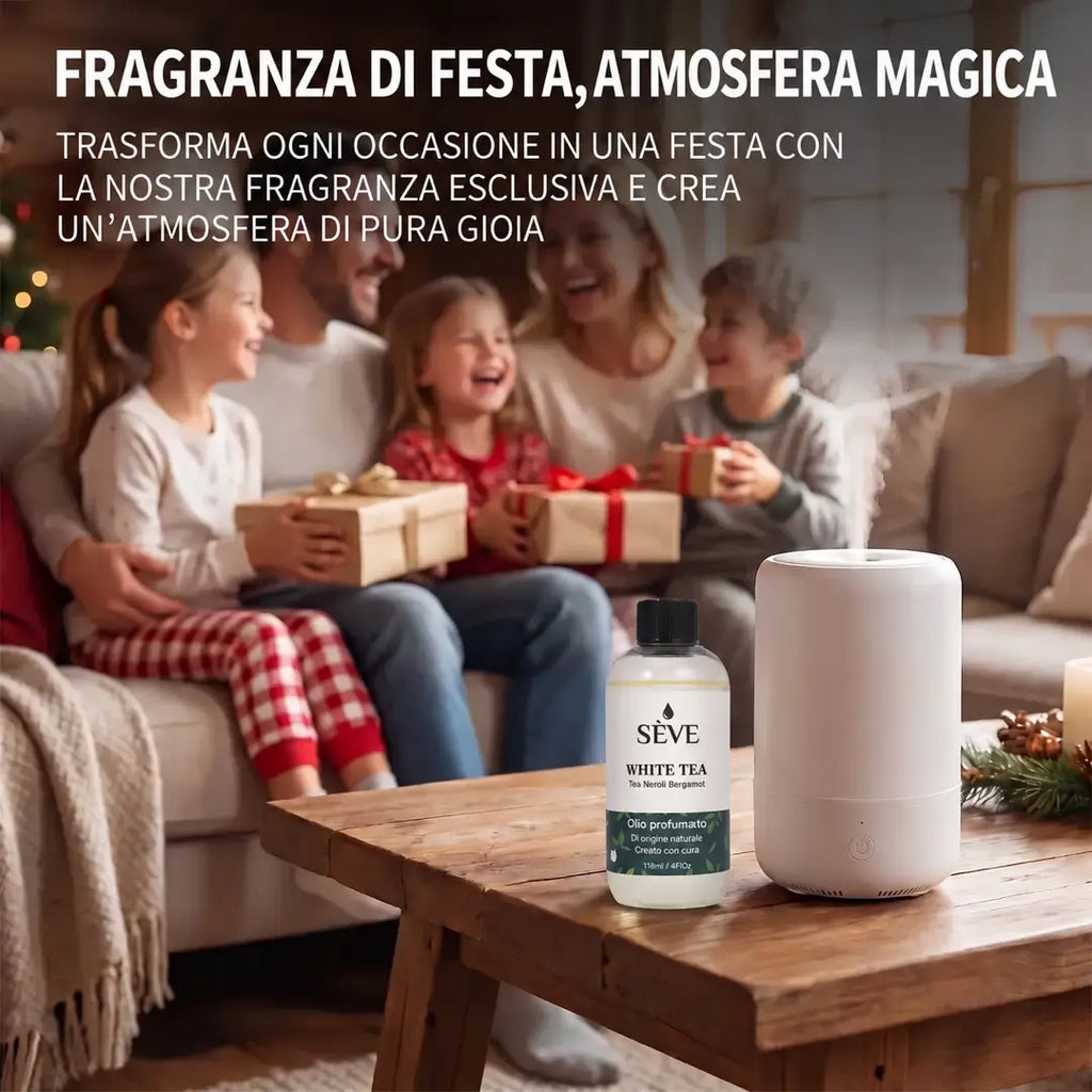 Diffusore e flacone SÈVE White Tea in un salotto durante una riunione di famiglia
