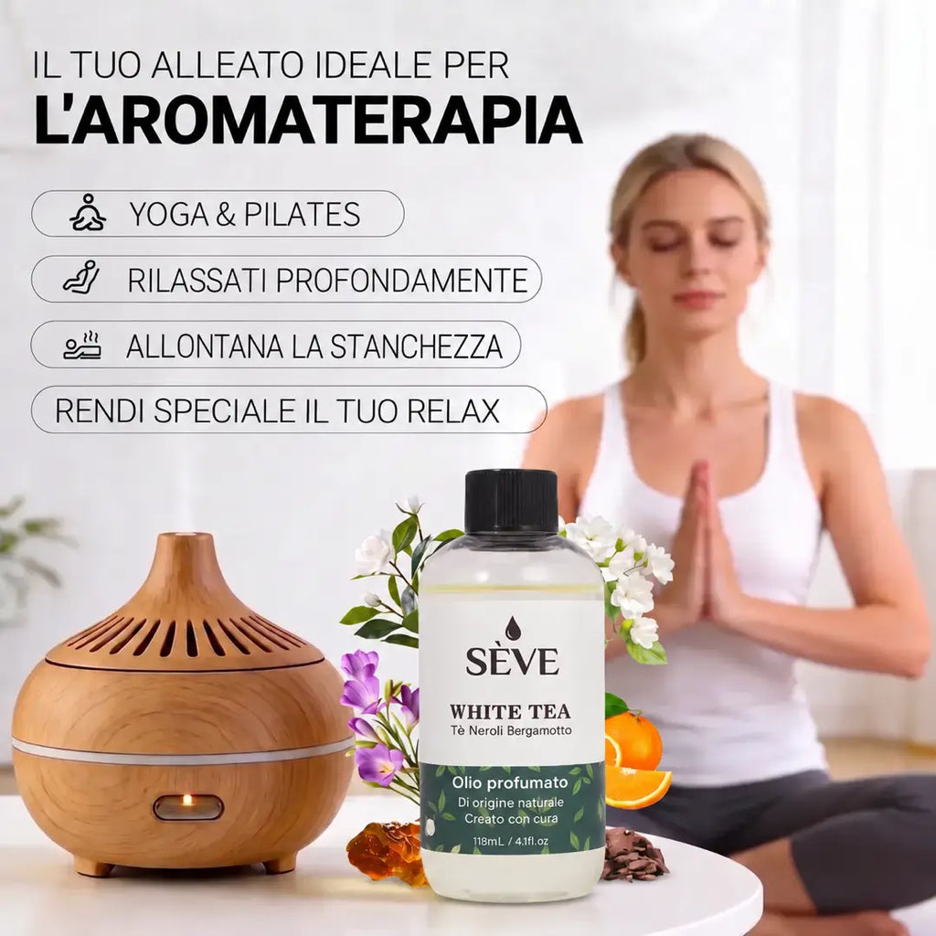 Diffusore in legno e flacone SÈVE White Tea durante una sessione di yoga e rilassamento