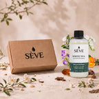 Confezione e flacone di ricarica di olio profumato SÈVE White Tea su sfondo beige